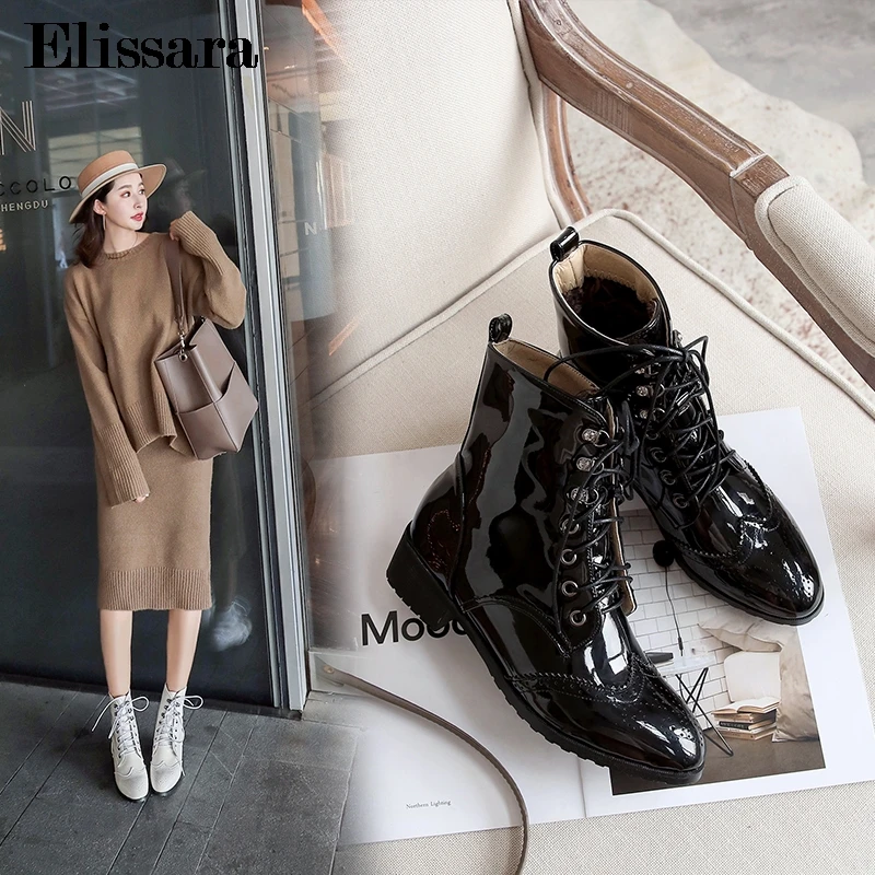 

Fashion New Women Med Heel Ankle Boots Shoes Woman Casual Patent Leather Lace Up Round Toe Ankle Boots Shoes Size 32-43 Elissara