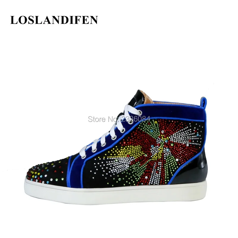

Red bottom 2018 Brand New Dazzing Rhinestone Firework Embellished High Top Flats Lace Up Round Toes Gentleman Casual Shoes