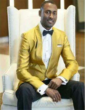 

2019 Tailor Made Suits New Design High-grade Golden Jackets One Button Shawl Lapel Costume Homme Prom Suits (jacket+pants)