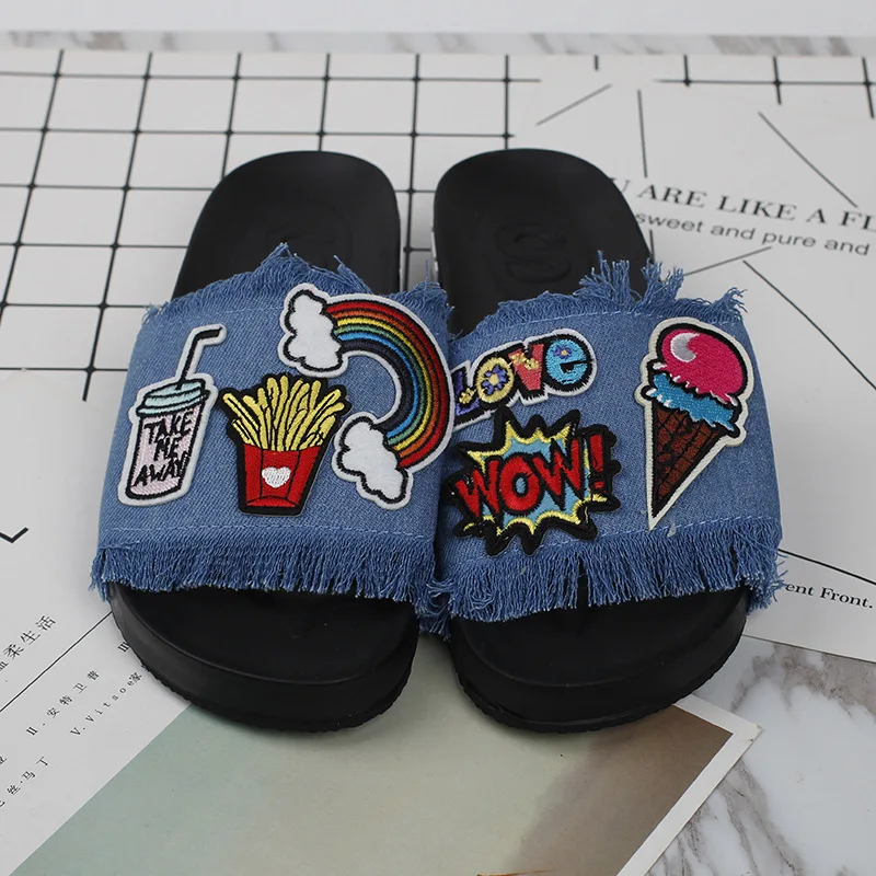 New Womens Sandal Styles Cartoon Patch Embroidery Tassel Flat With Open-toed Slip Holiday Shoes 2016 Comfort Cheap Slippers68