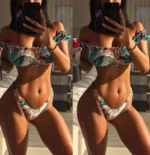 Women Floral Print Swimwear Bikini Women High Cut Bikini Off Shoulder Bathing Suit Strapless Swimsuit Thong Bikini Set Beachwear