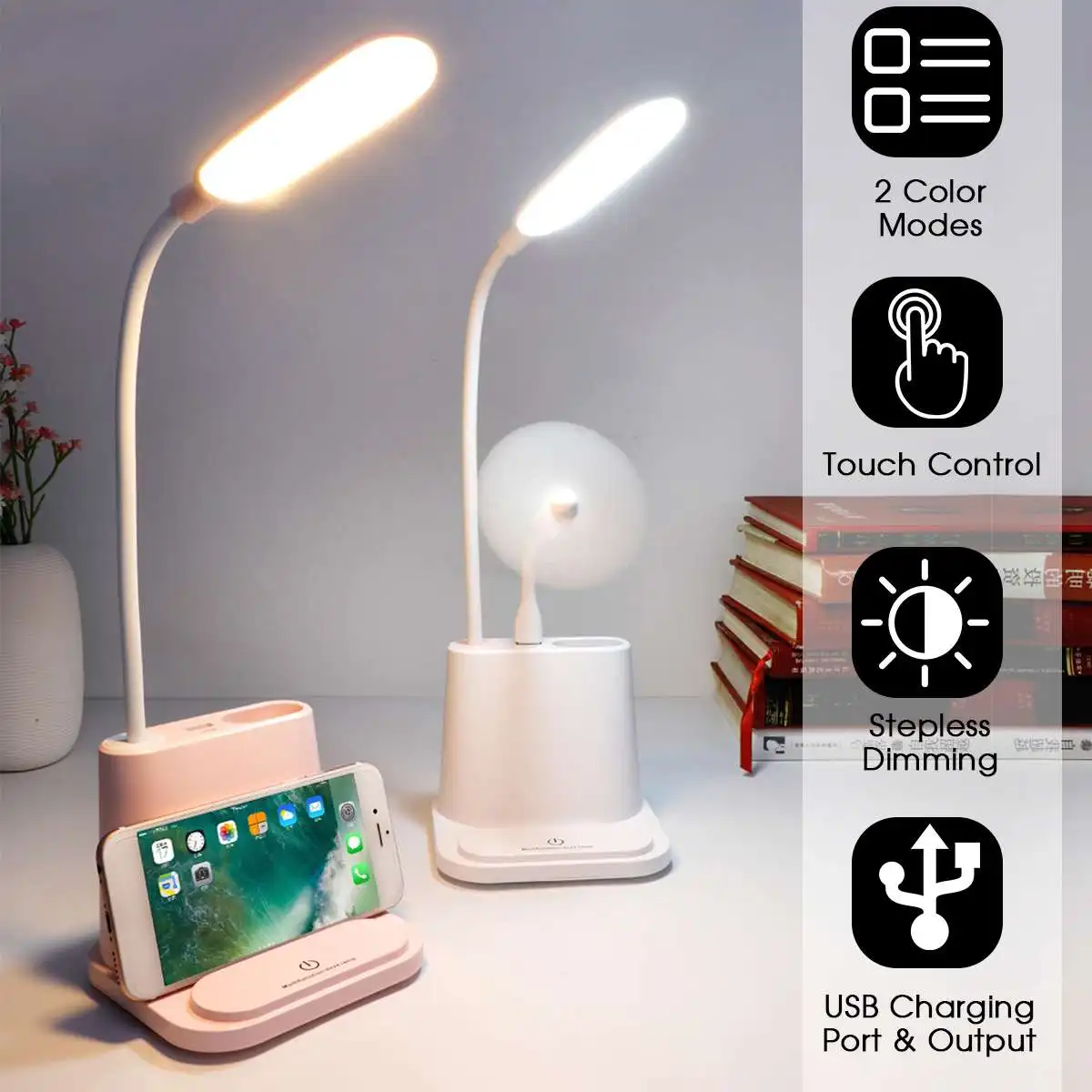 

LED Desk Lamp USB Touchs Table Lamp Mini Fan Reading Book Rechargeable Night Light for Children Eye Protection Room Home Decor