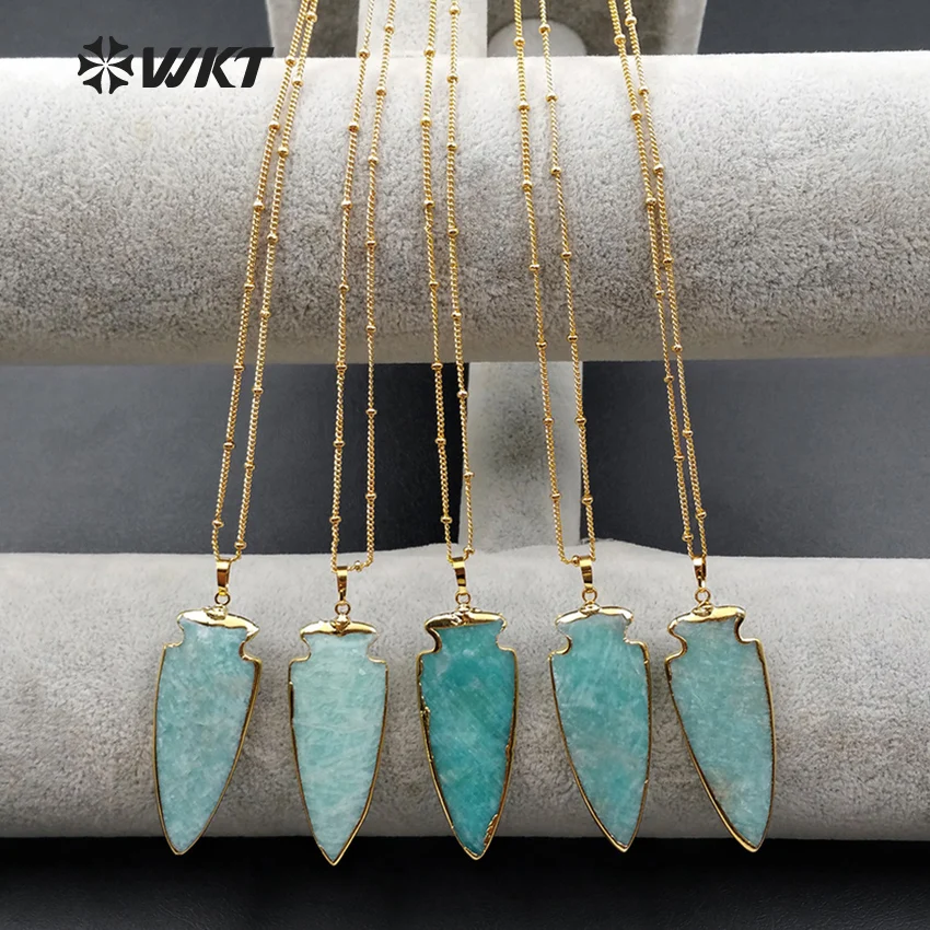

WT-N1003 Wholesale fashion jewelry natural amazon stone necklace High quality arrow shape amazonite with 24k gold electroplate