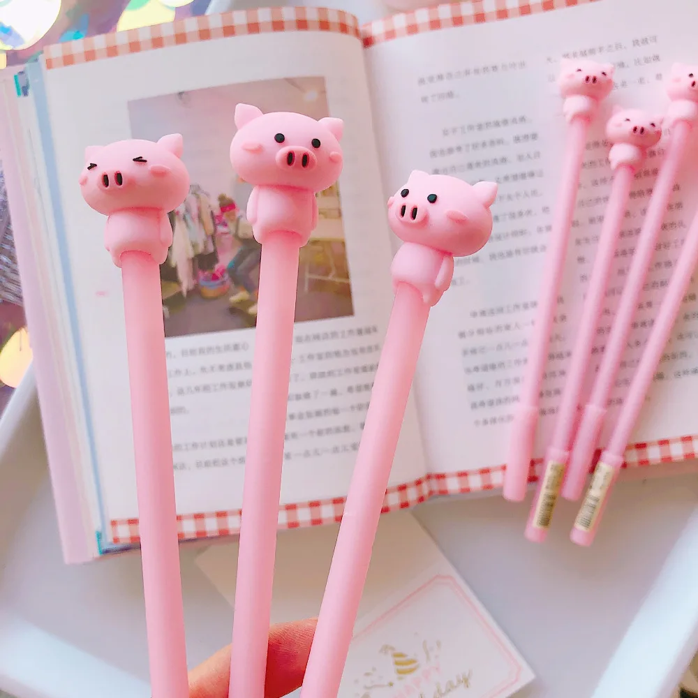 

2X Cute Pink Silicone Piggy Gel Pen Rollerball Pen School Office Supply Student Stationery 0.5mm Black Ink
