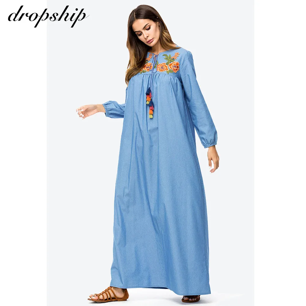 

Dropship Casual Denim Tall Women Maxi Long Dress Flower Embroidery Tassel Drawstring Design Swing Dress Fall Plus Size Slim Fit