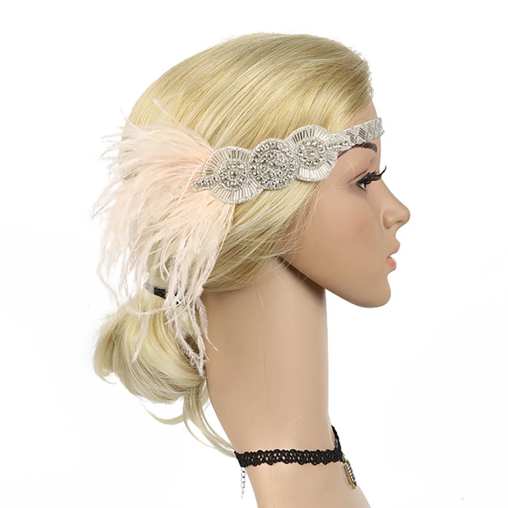 Винтажный ревущий головной убор 20s арт-деко 1920s Гэтсби Хлопушка головная повязка с пером Античный Ретро стиль свадебные аксессуары для волос - Цвет: Pink