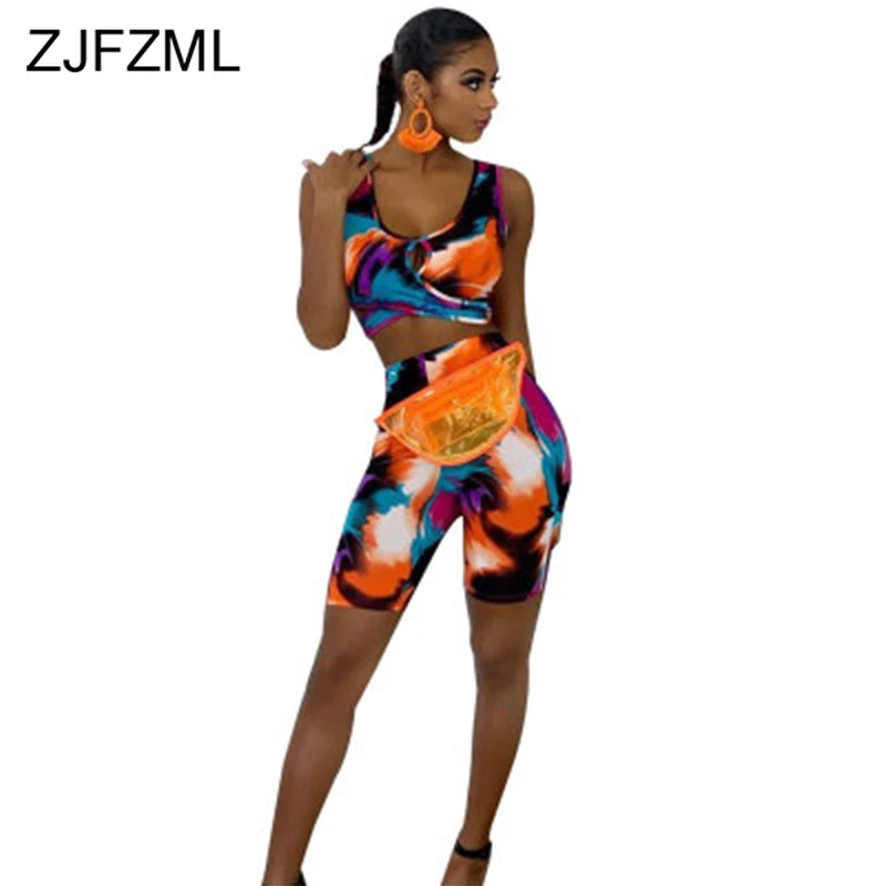 

Colorful Tie Dye Two Piece Outfits Summer Clothes For Women O Neck Sleeveless Crop Top And Biker Shorts Casual 2 Piece Tracksuit