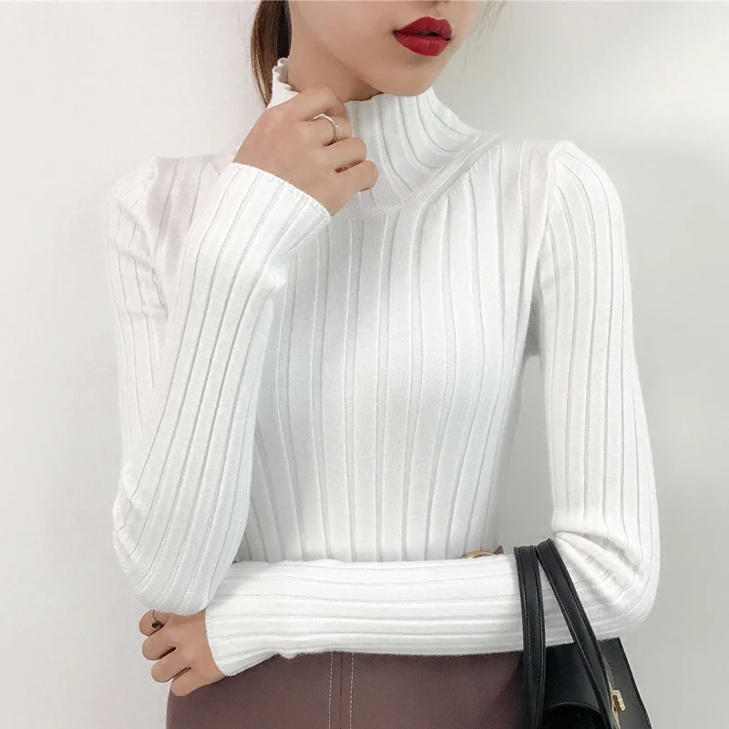 

2019 NEW White turtleneck sweater female half small fresh winter jacket slim tight long sleeved all-match knitted shirt