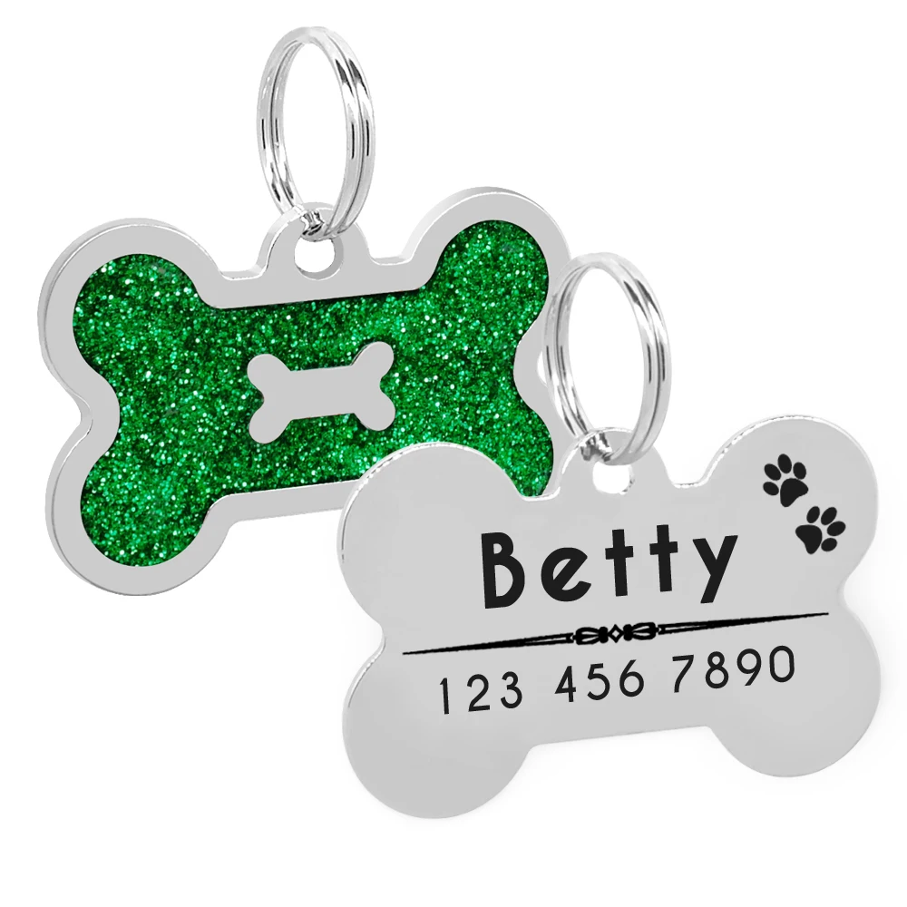 Блеск Pet Dog Tag Персонализированные Гравированные собаки кошки идентификационные метки в форме косточки; для домашних животных воротник ожерелье гравировка Бесплатный подарок колокол - Цвет: Зеленый