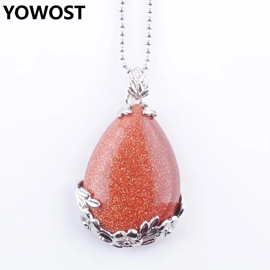 YOWOST Natural Golden Sand Water Drop Shape Gem Stone Love Beads Reiki Chakra Healing Pendant &amp Necklace Chain Jewelry IN3469 | Украшения