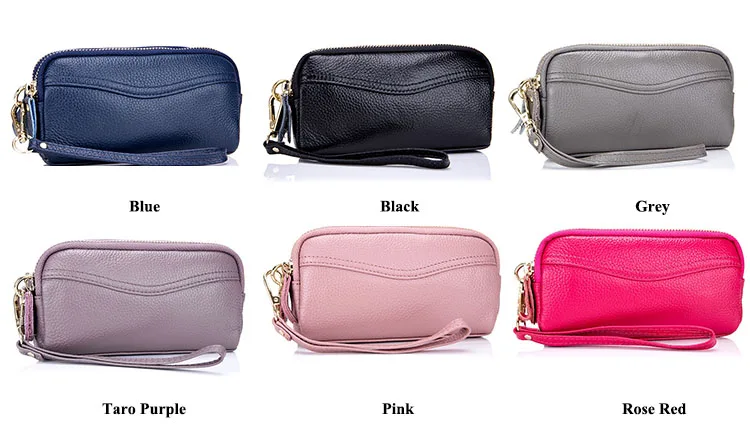 MJ Women Genuine Leather Clutch Bag Double Zipper Solid Cow Leather Day Clutch Small Female Long Wallet Phone Bag High Capacity-2