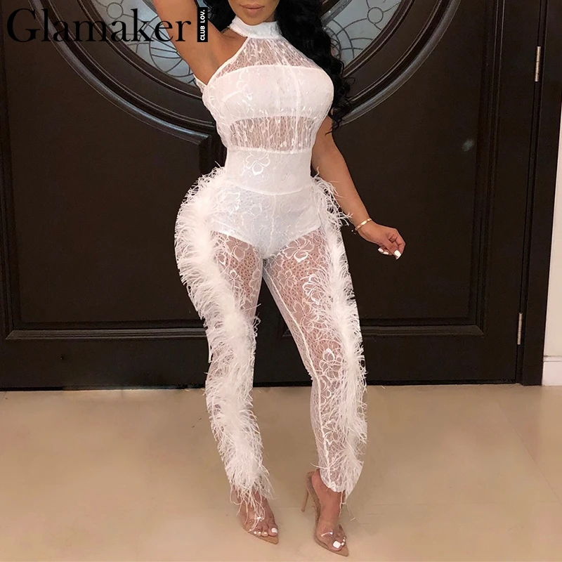 

Glamaker Sexy transparent mesh jumpsuit Women feathers white lace jumpsuit rompers Female zipper sleeveless long overalls summer