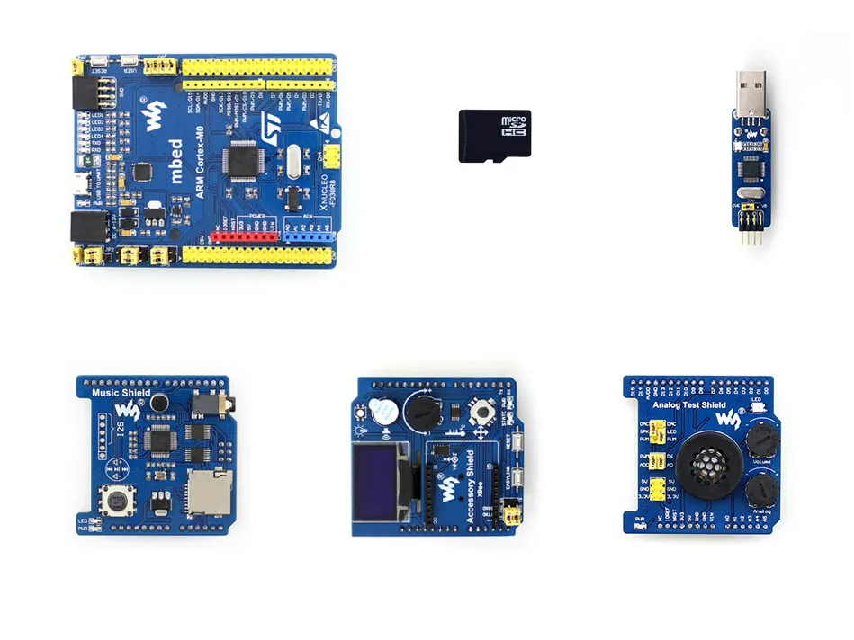 

XNUCLEO-F030R8 Package B Development Board with Common Used Peripheral Shields OLED RTC AD/DA Audio Codec 16GB Micro SD Card
