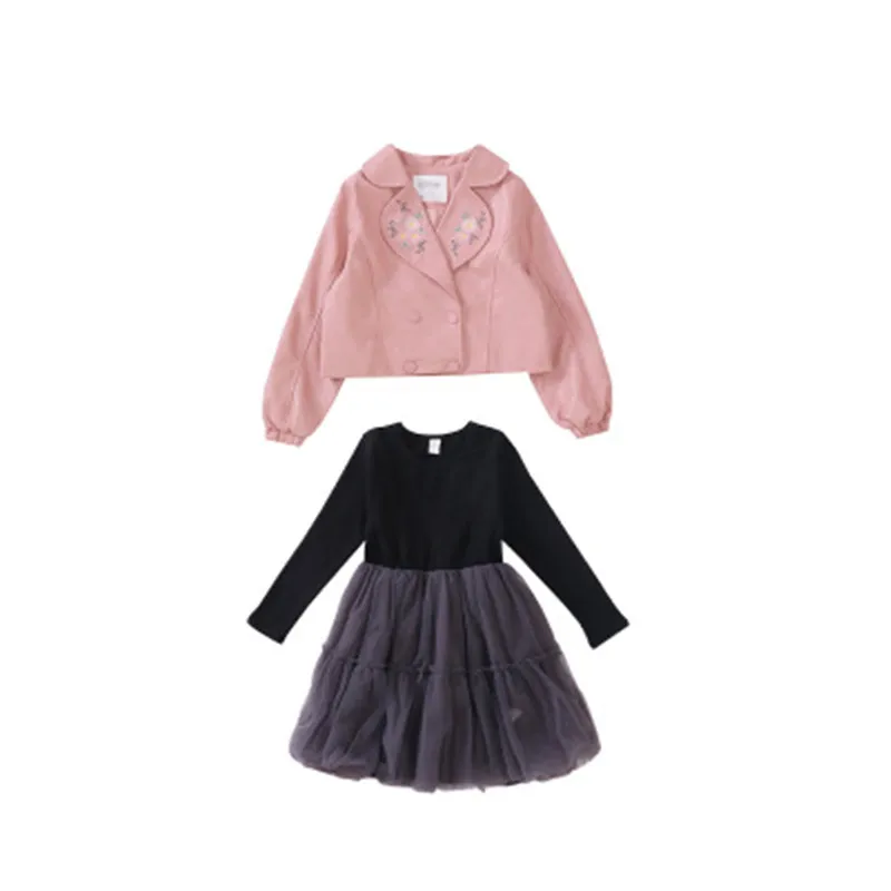

Children Clothing Suits 2018 New Autumn Fashion Style Girls Leather Coat Mesh Dress 2pcs Design For 5-10Y Kid Girls Cloth Sets
