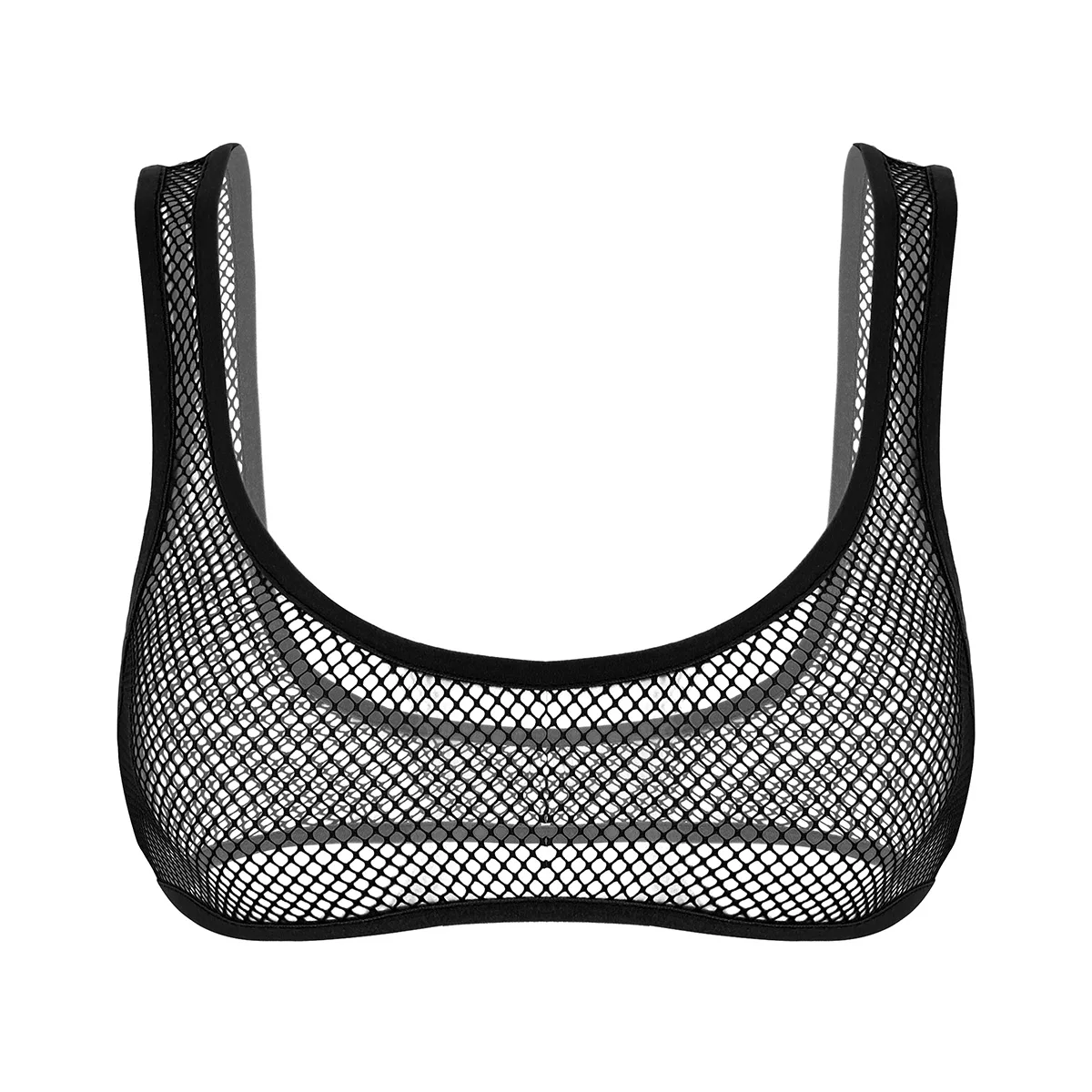 Women Fishnet Bra Top Cropped Tank Top Lingerie Deep U Neck Hollow Out See Through Fishnet Wide Shoulder Straps Vest Crop Tops