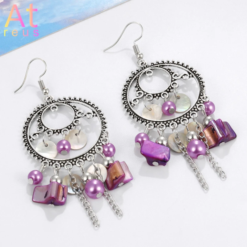 

Vintage Gold Alloy Sea Shell Dangle Earrings For Women Round Circle Tassel Purple Square Beads Earrings Summer Beach Jewelry