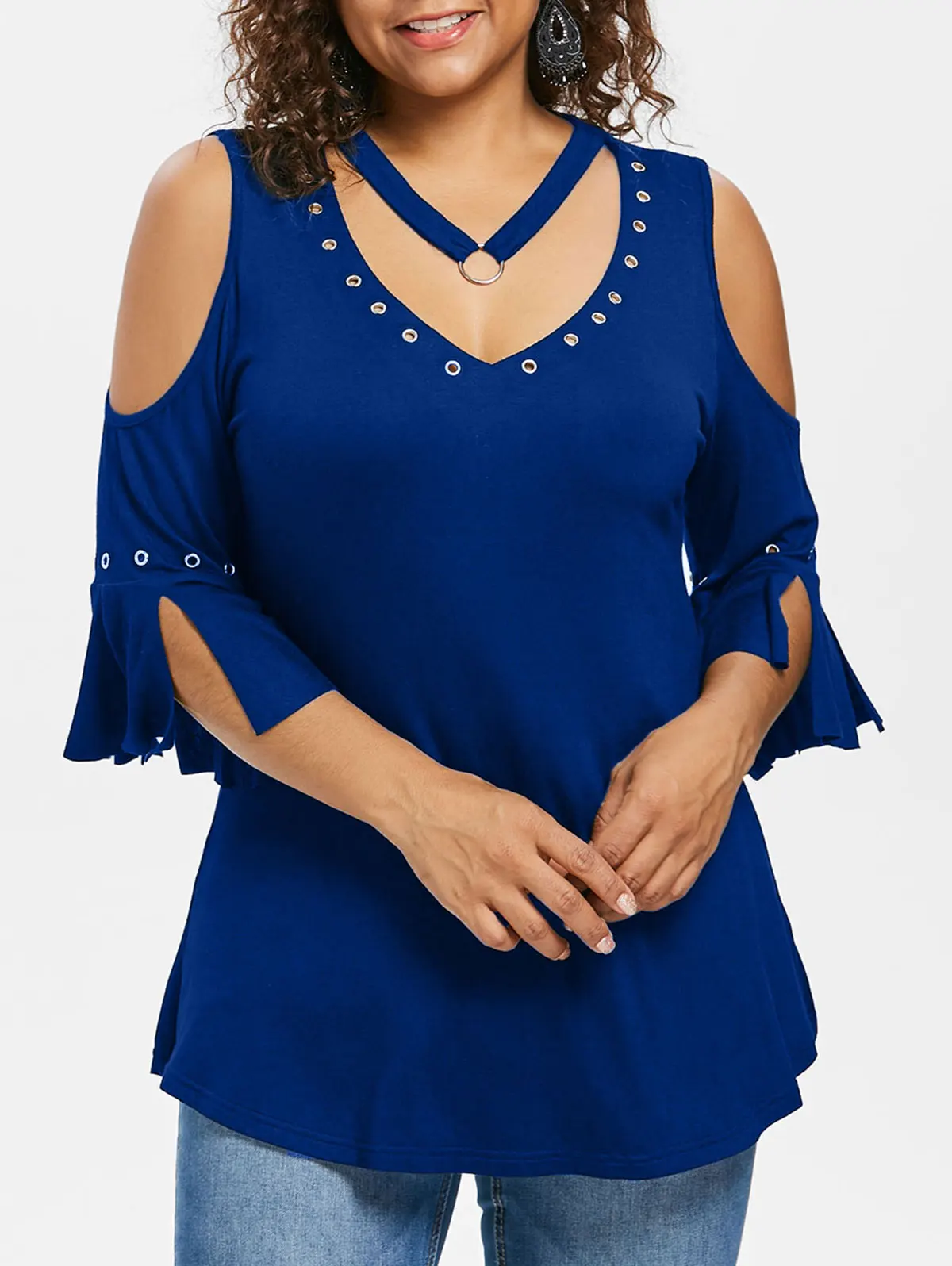 Cobalt Blue Rosegal размера плюс втулки деталь V шеи Футболка женская весна лето сплошной три четверти длинная футболка Женские топы Тройники одежда - Цвет: Cobalt Blue