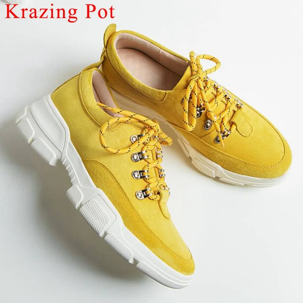 

Krazing Pot high quality pig leather round toe lace up sneakers concise style thick bottom platform campus vulcanized shoes L36
