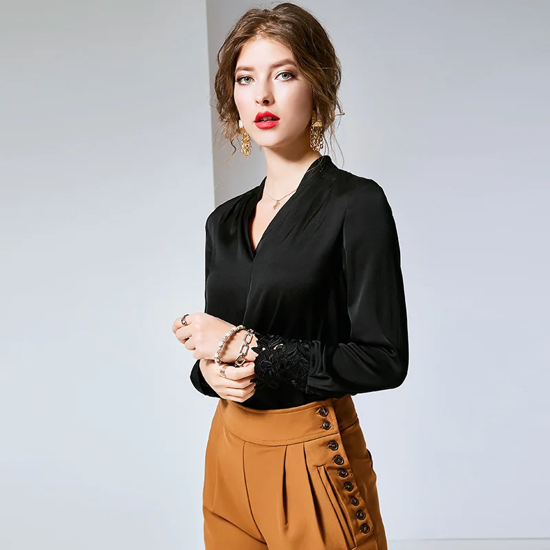 

New V-neck Long-sleeved Vintage 95% Real Silk Shirt for Women's Wear Office Lady High End Blouse and Tops Black R10794