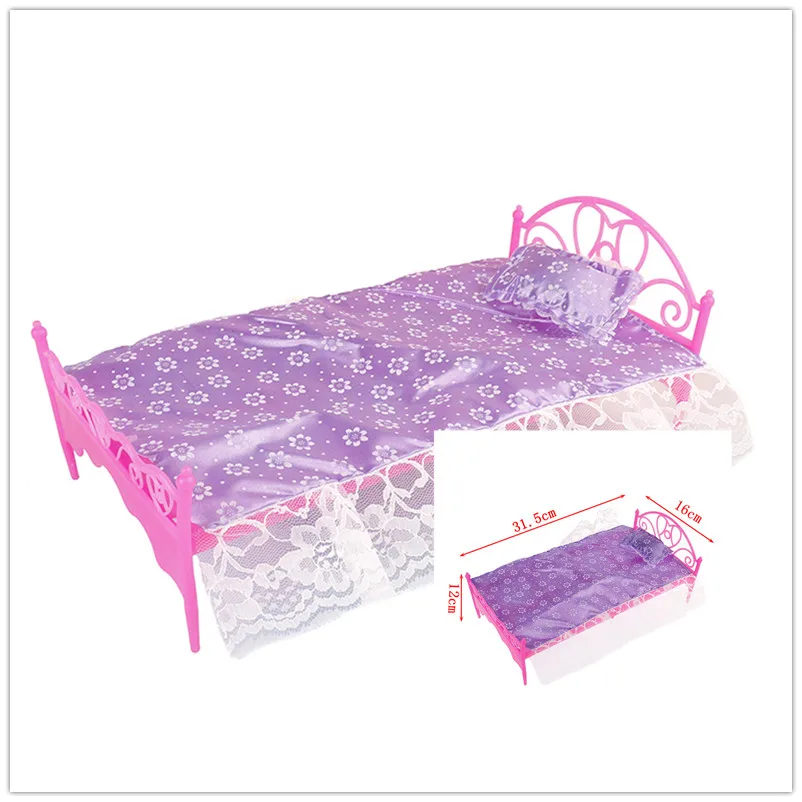 

Pink Color Plastic Bed Bedroom Furniture For Dolls Dollhouse Furniture Toy For Children Doll Pretend Play Toy