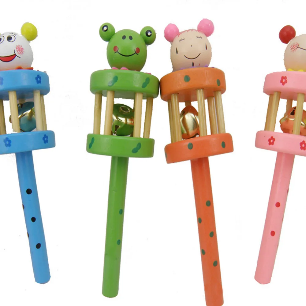 Baby Rattle Toy Kid Pram Crib Handle Wooden Activity Bell Stick Shaker