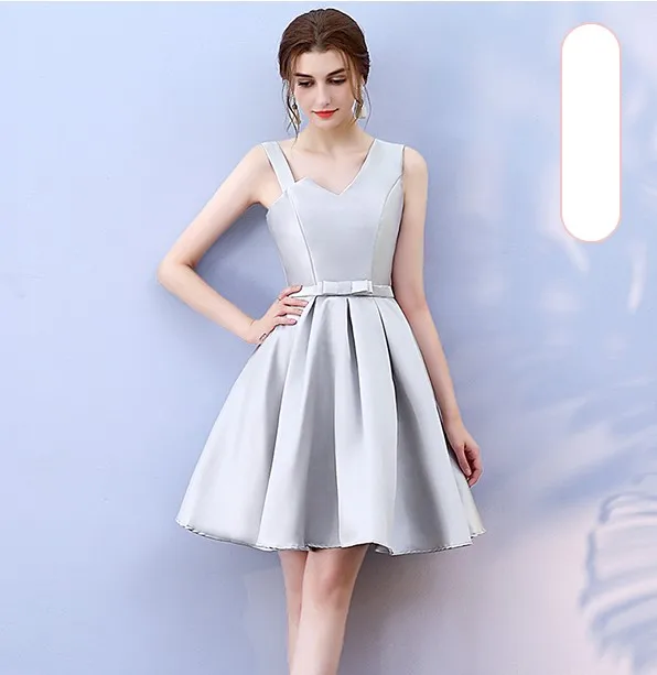 

Grey Colour Satin Bridesmaid Dress Above Knee Mini Dress New Women Dresses for Occasions Back of Bandage