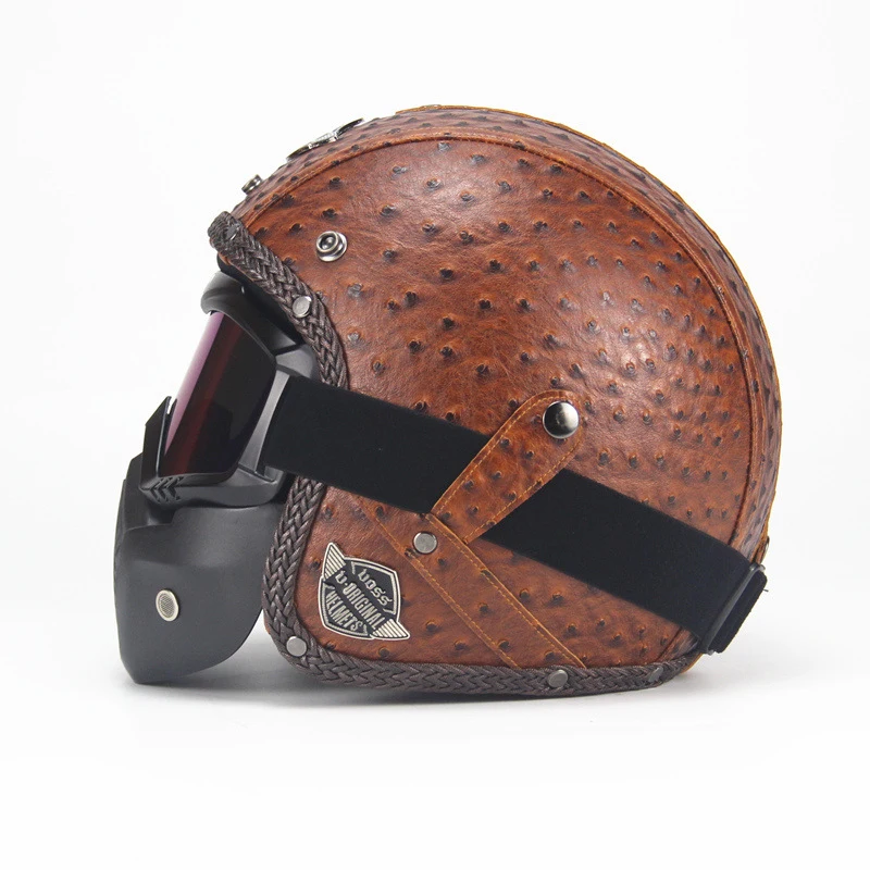 Vintage leather motorcycle motorbike open face helmet 3/4 with face mask