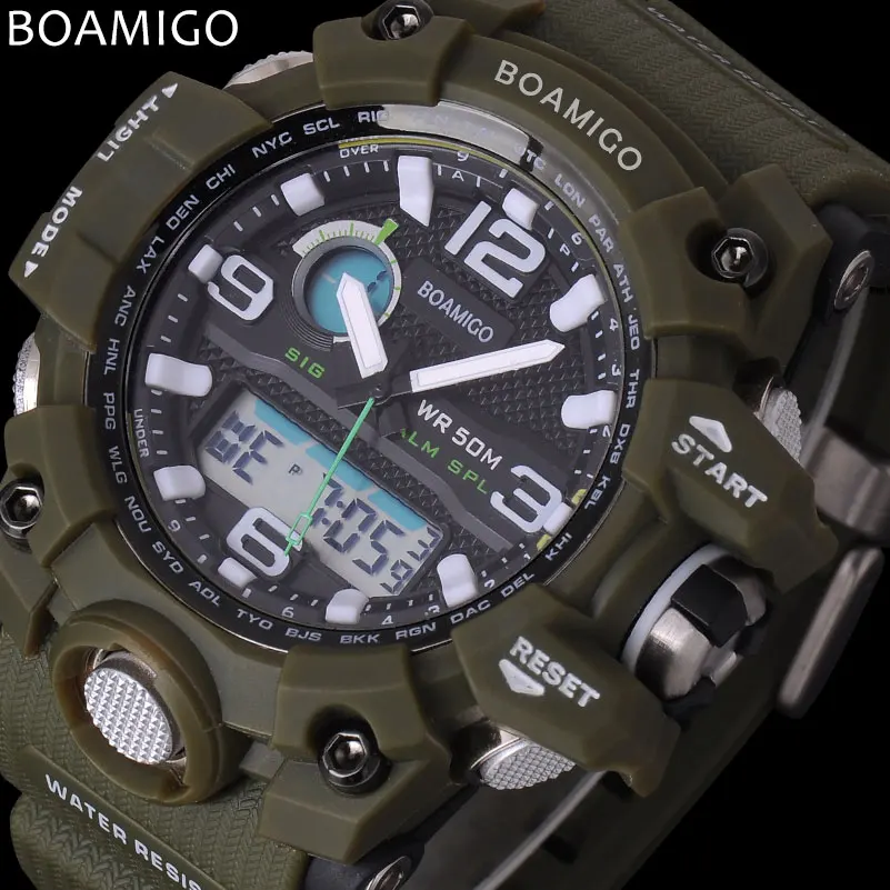 Prix pour Hommes sport montres BOAMIGO marque LED numérique montres militaires analogique quartz montre vert bracelet en caoutchouc 50 M étanche reloj hombre Prix pour Hommes sport montres BOAMIGO marque LED numérique montres militaires analogique quartz montre vert bracelet en caoutchouc 50 M étanche reloj hombre
