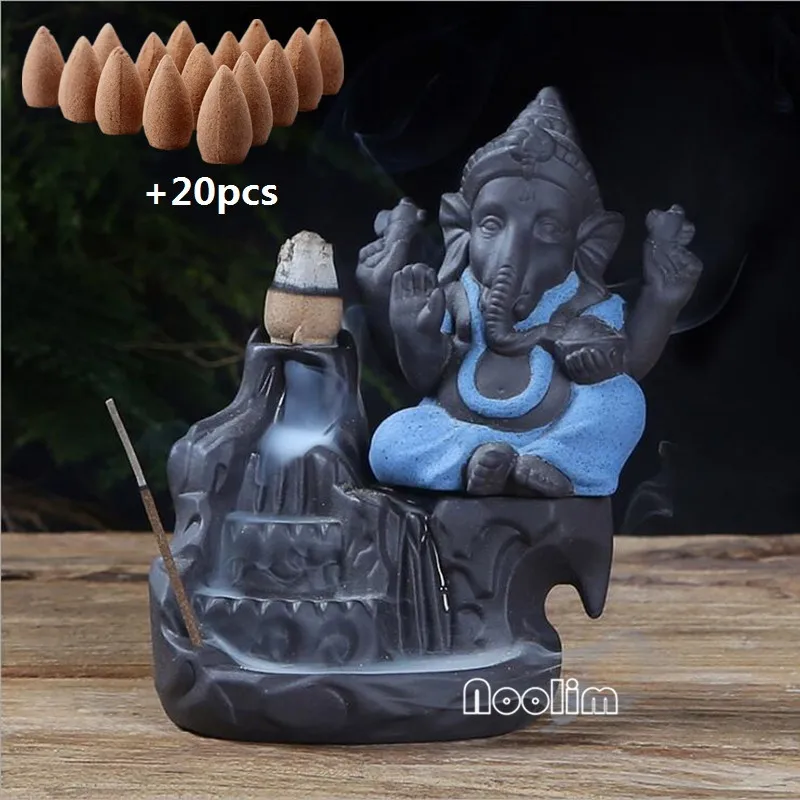 NOOLIM Ganesha горелка для благовоний с обратным потоком слон Бог эмблема благоприятный и успех керамическая конусная кадильница домашний декор с 20 шт. конусами - Цвет: Blue A -Sandalwood