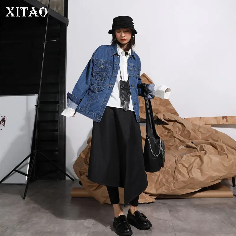 Femmes Veste down Collar Blue 2019 Manteau Turn Pleine Lâche Femelle Dll2858 Solide Unique xitaoMode Manches Couleur Breasted Nouvelles Printemps ED9IYW2H