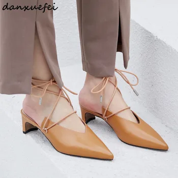 

Women's genuine leather kitten heel lace-up sandals slingback summer female sandalias spring new low heel elegant ladies shoes