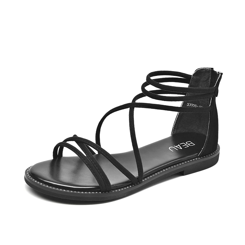 BeauToday/женские сандалии на плоской подошве; замшевая обувь на молнии с перекрестной шнуровкой и закрытой пяткой; женская летняя пляжная обувь; 33008 - Цвет: Black