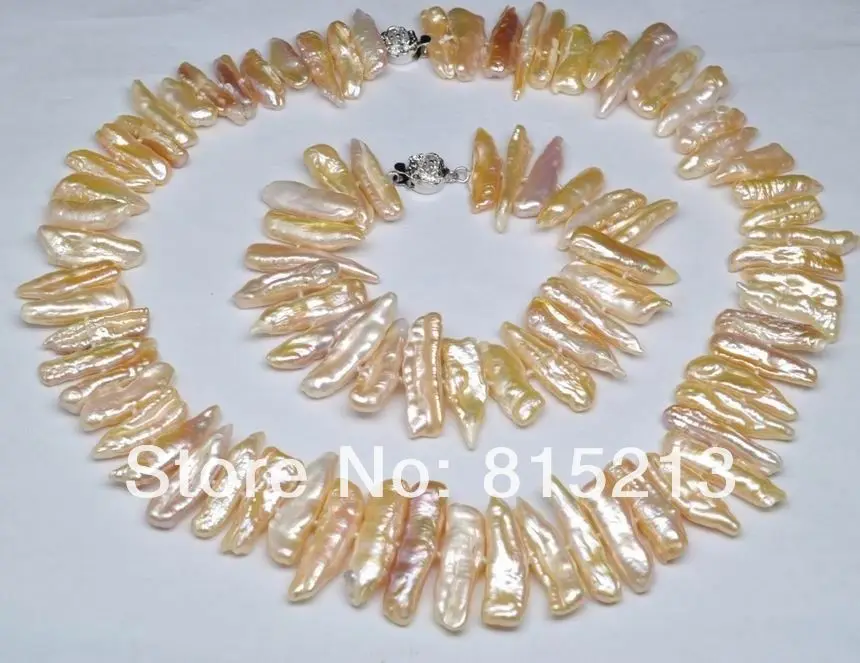 

FREE SHIPPING ddh00843 Natural Shape Natural Pink Biwa Pearl Necklace&Bracelet Set