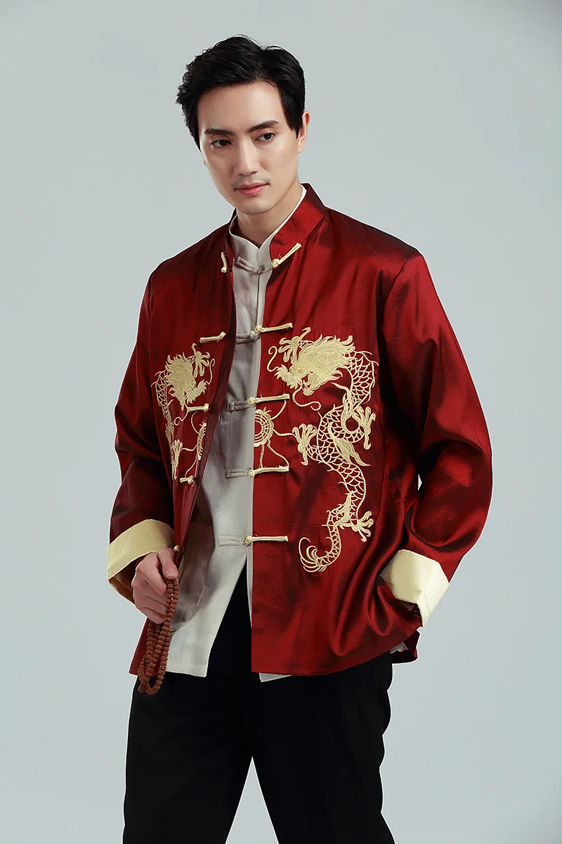 Вышивка с длинным рукавом Свободные Весна Зима традиционная китайская одежда для мужчин Тан костюм топ красный кунг фу Тай Чи Униформа Рубашка