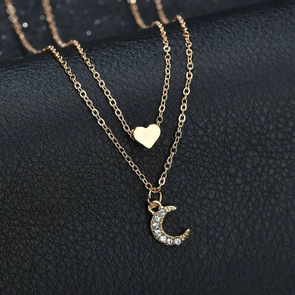 

New Multi Layer Tiny Crystal Heart Moon Chokers Necklace for Women Gold Color Short Chain Pendant Charm Collar Necklace Jewelry