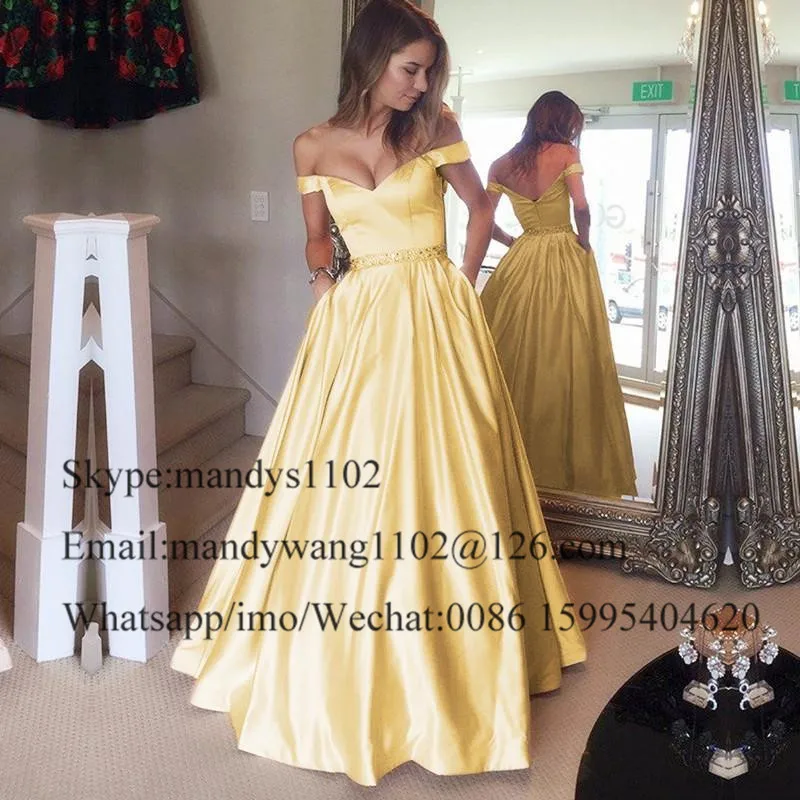 Шикарное желтое платье для выпускного с карманами v-образным вырезом А-силуэт Атласное Платье Vestidos de fiesta de noche с открытыми плечами женское вечернее платье - Цвет: Цвет: желтый