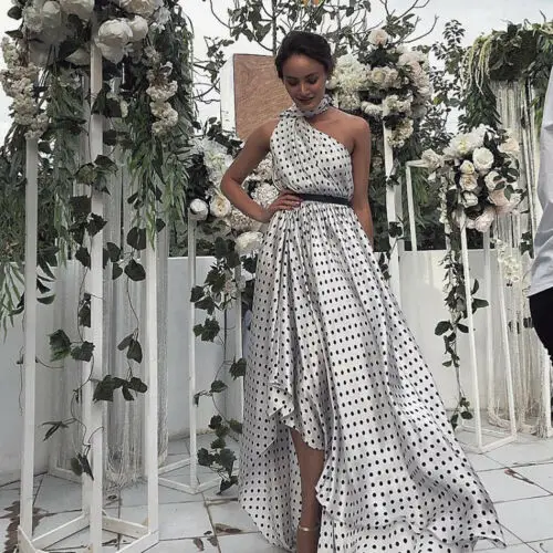 

Summer Women Casual Polka Dot Irregular Dresses 2019 New Women Casual One Shoulder Backless High Waist Polka Dot Dress