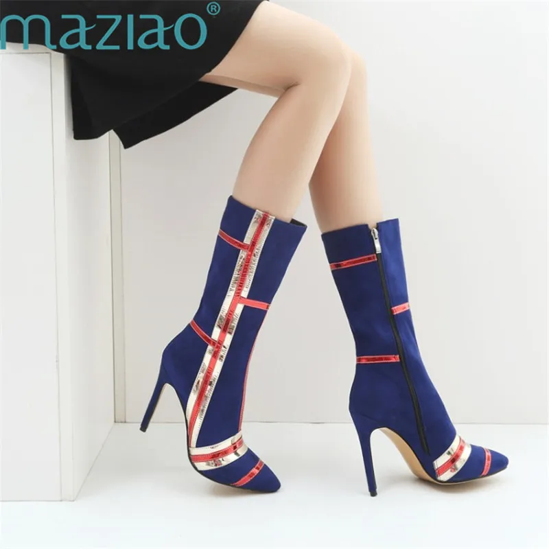 

Mid Calf Boots Women High Heels Shoes Mixed Color Boots Pointed Toe Side Zipper Footwear Sexy Party Boots MAZIAO