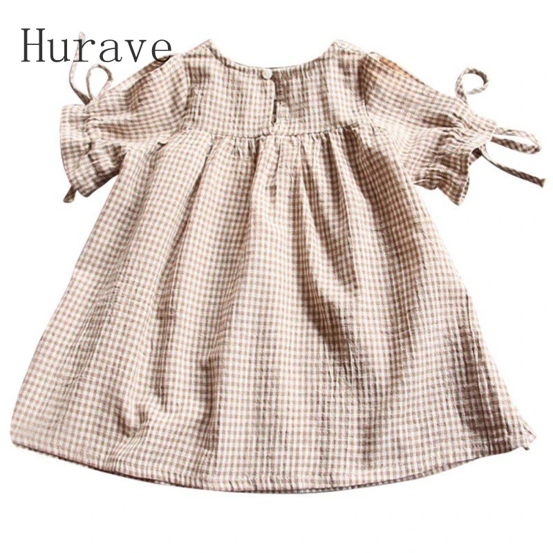 Hurave/ г.; весенне-летнее модное платье для девочек; Хлопковое платье с круглым вырезом для девочек; детское платье с короткими рукавами и завязками