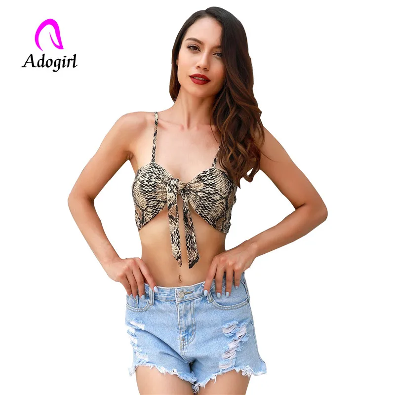 

Adogirl front drawstring lace up snake skin crop tops sexy spaghetti strap camis brassiere style outer tops backless beach top