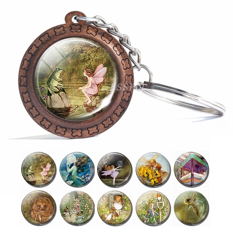 

Fairy Tale Wooden Keychain Fairy Angle Glass Cabochon Wood Key Chains Cartoon Jewelry Gifts for Children, Daughter Birthday Gift