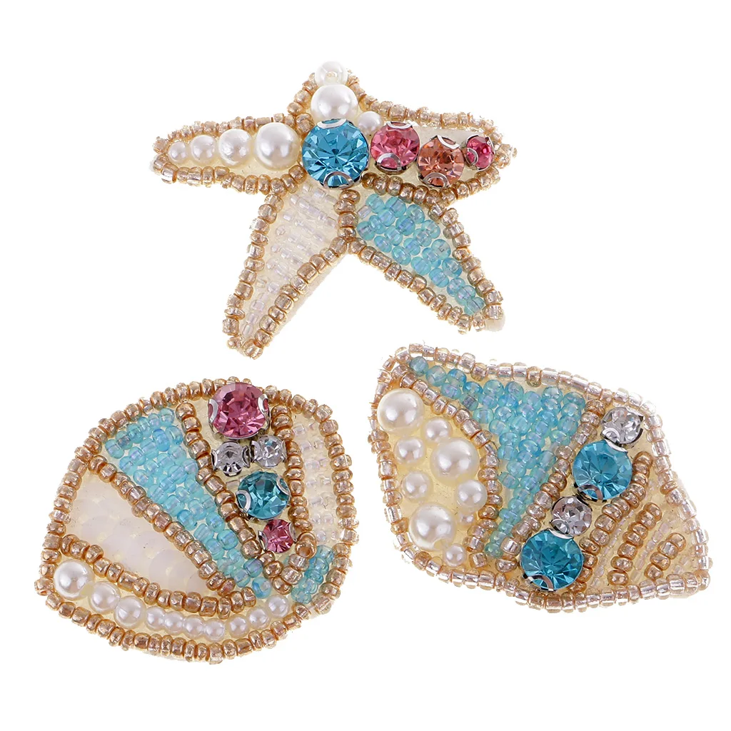 3Pcs Sew on Iron on Rhinestone Pearl Patch Beaded Starfish Conch Transfer Badge Applique for Clothes Bag Hat Craft Decor DIY