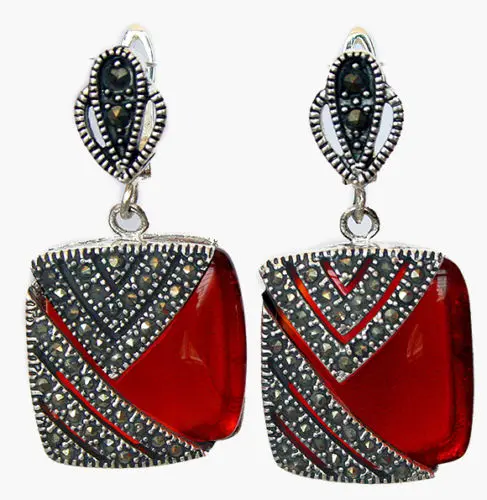 

Square Natural Red stone 925 Sterling Silver Hook Marcasite Dangle Earrings real Natural gem stone 925 silver Ladies Jewelry