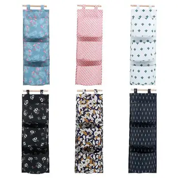 

Cotton Linen Printing Hanging Storage Bag 3 Pockets Wall Mounted Wardrobe Hang Bag Wall Pouch Cosmetic Toys Organizer