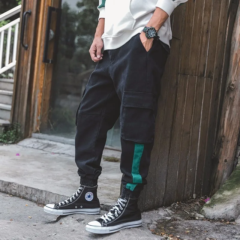 2018 Japanese Men's Fashion Pocket Decoration Hit Color Bound Feet Casual Cargo Pants Loose Black/Green Trousers Size M-3XL | Мужская