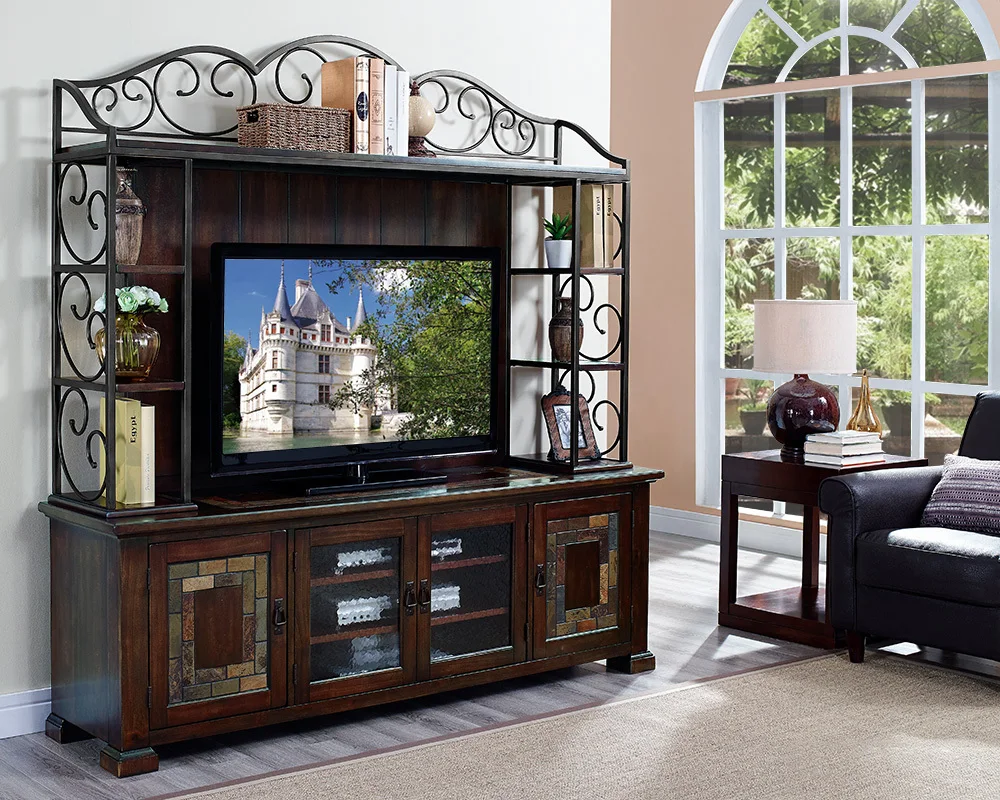 MD013 metal hutch tv stand wood panel background solidwood media