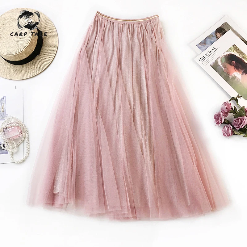 

Spring Summer Tulle Skirts Womens Midi Pleated Skirt Black Pink Tulle Skirt Women Korean Elastic High Waist Mesh Tutu Skirt