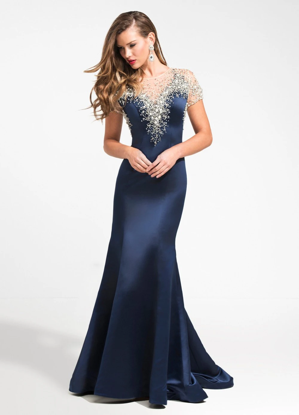 Fashion Luxury Navy Blue Long Prom Dress Mermaid Short Sleeves Backless ...