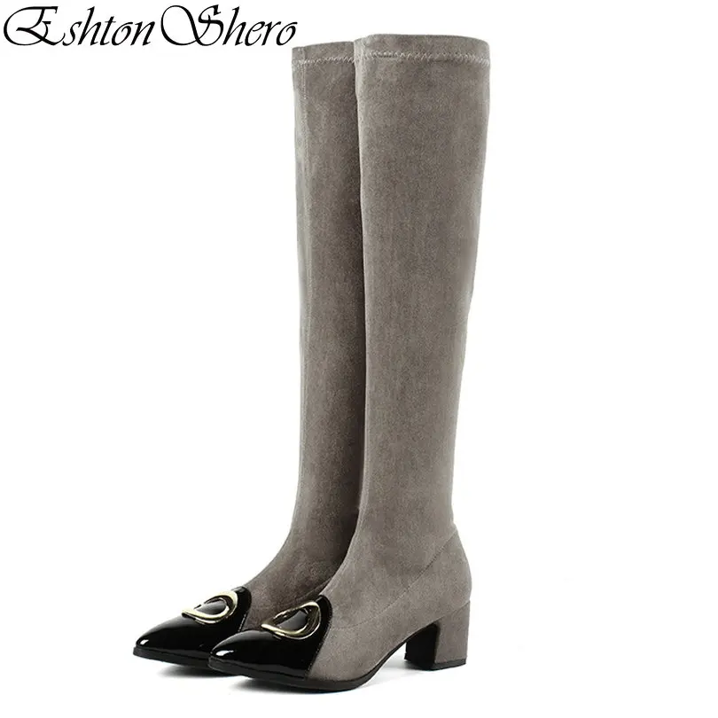 

EshtonShero Spring Women Over The Knee Boots Med Heels Shoes Slip On Pointed Toe Woman Black Ladies Motorcycle Boot Size 34-43