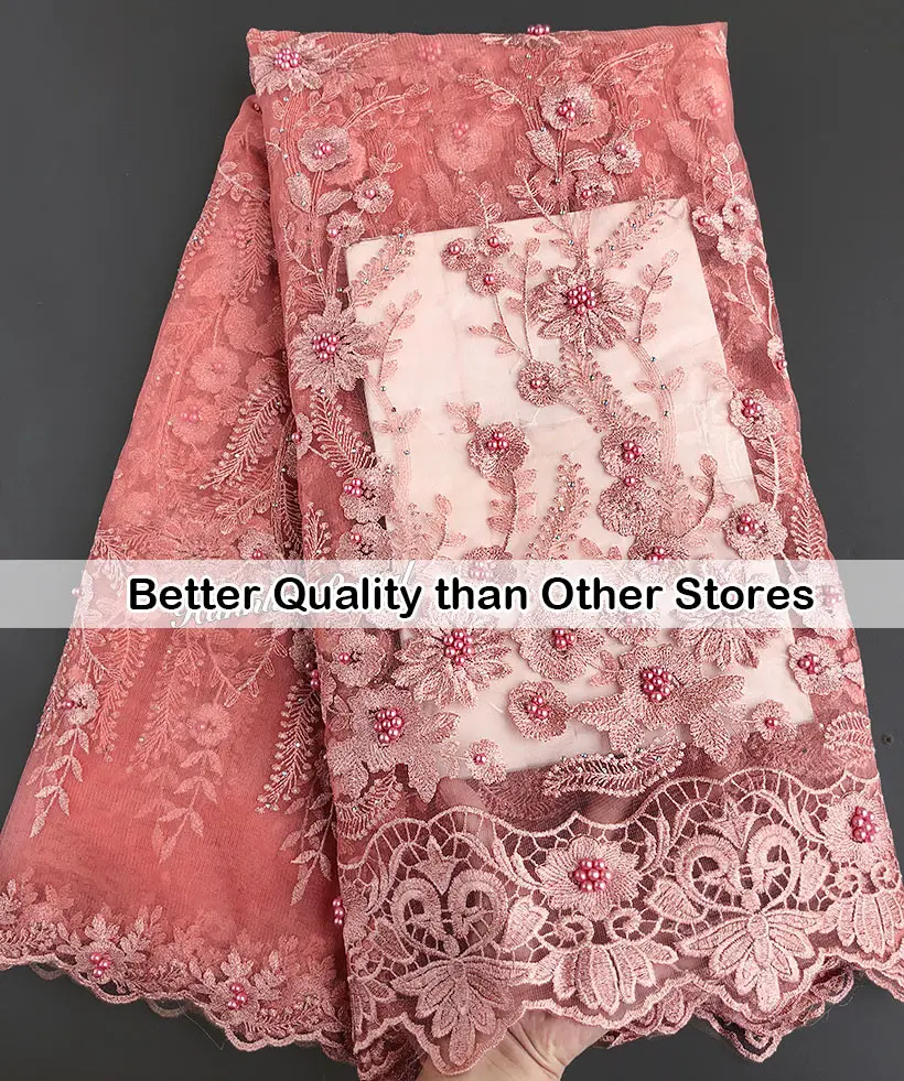 

Plain peach African French lace tulle lace fabric neat embroidery high quality stones beads 5 yards/ pc 7518 good choice